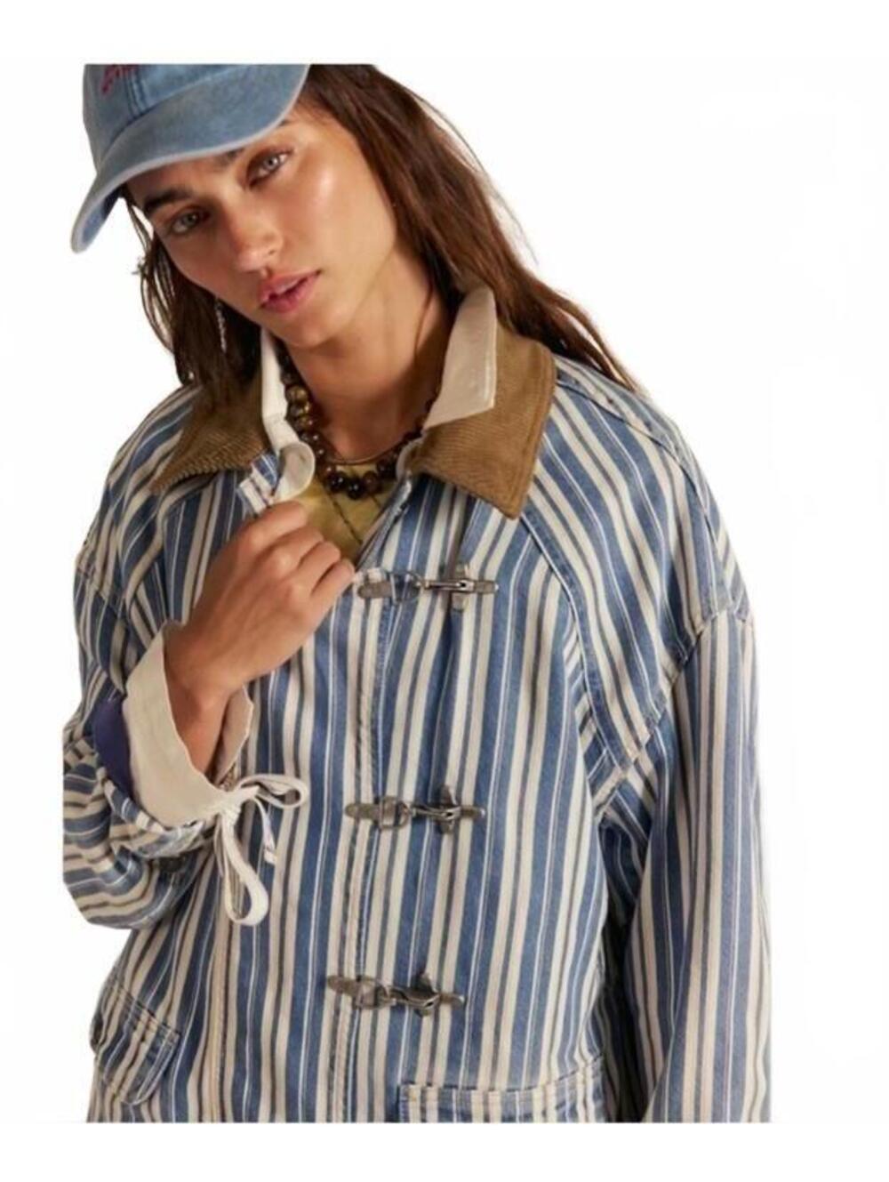 NWT  $248  We The Free (Free People) Striped Denim Barn Coat.Size M #1310